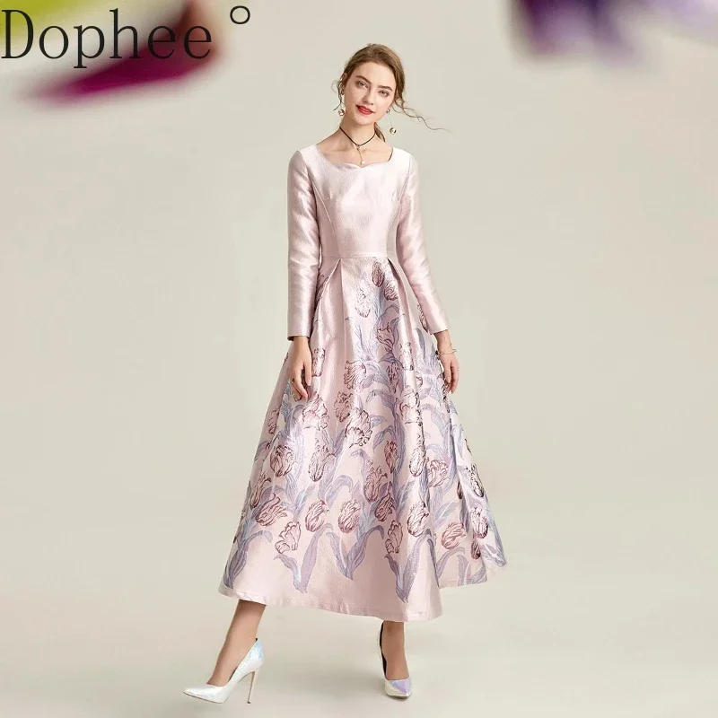 2025 New Spring Autumn Embroidery Jacquard Pink Formal Dress Elegant High Waist Long Sleeve Mopping Floor Rose Gold Women Dress