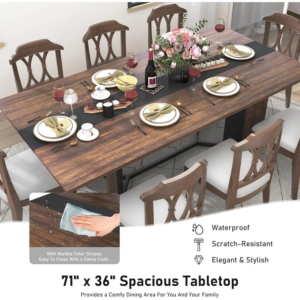 70Inch Large Dining Table or 4 6 People,Wooden Recular Kitchen Table W/Waterproo Tabletop,Large Recurniture W/Adjustable Legs,Br - view 3