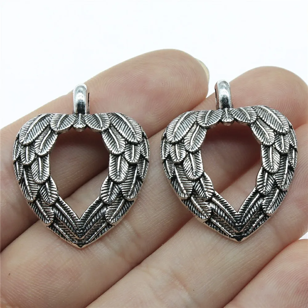 10pcs 31x26mm(1.22x1.02inch) Antique Silver Color Feather Wing Heart Charms Alloy Materials Jewelry Accessories