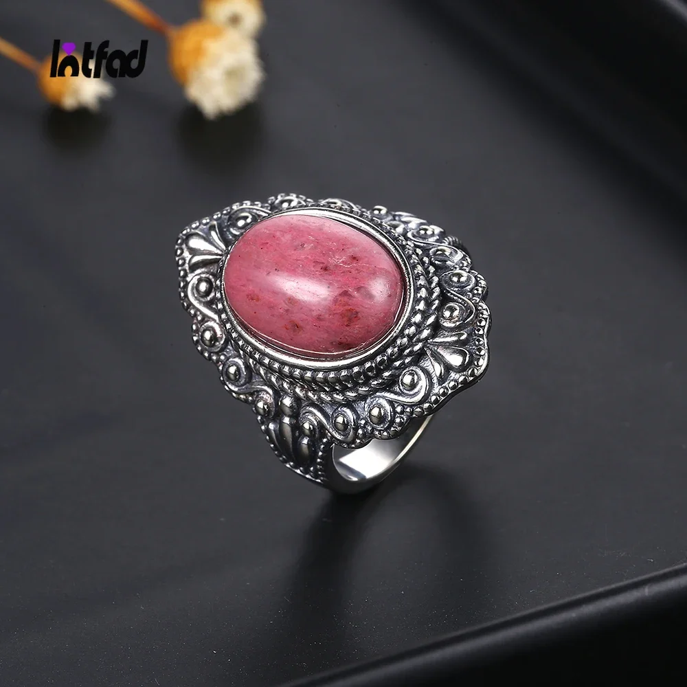 

925 Sterling Silver Natural Rhodochrosite Rings for Women Vintage Jewelry High Quality Large Stone Ring Fine Wedding Gifts