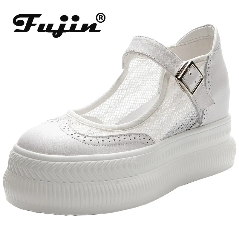 Fujin 8.5cm prawdziwej skóry szpilki Slip on klamra kobiety obuwie platformy trampki klin ukryty obcas kobiet letnie buty