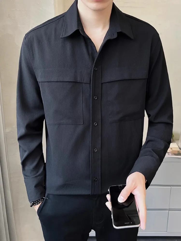 

Мужская рубашка Slim Fit с длинным рукавом, модная, брендовая, высококачественная, в британском деловом стиле, повседневная, однотонная, осенняя новинка