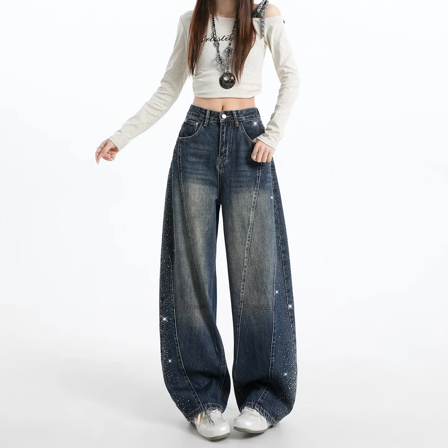 Denim Pant Women Jeans Vintage Wide Leg Long Pants Hot Drilling High Waist Straight Trousers Elegant Work Casual Y2k Streetwear