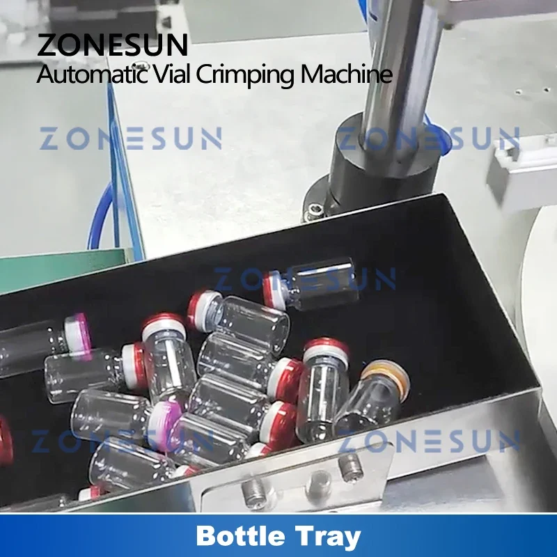 ZONESUN-máquina neumática de prensado de viales, sellador automático de botellas de vidrio, tapas abatibles con colector de tocadiscos, ZS-YG200