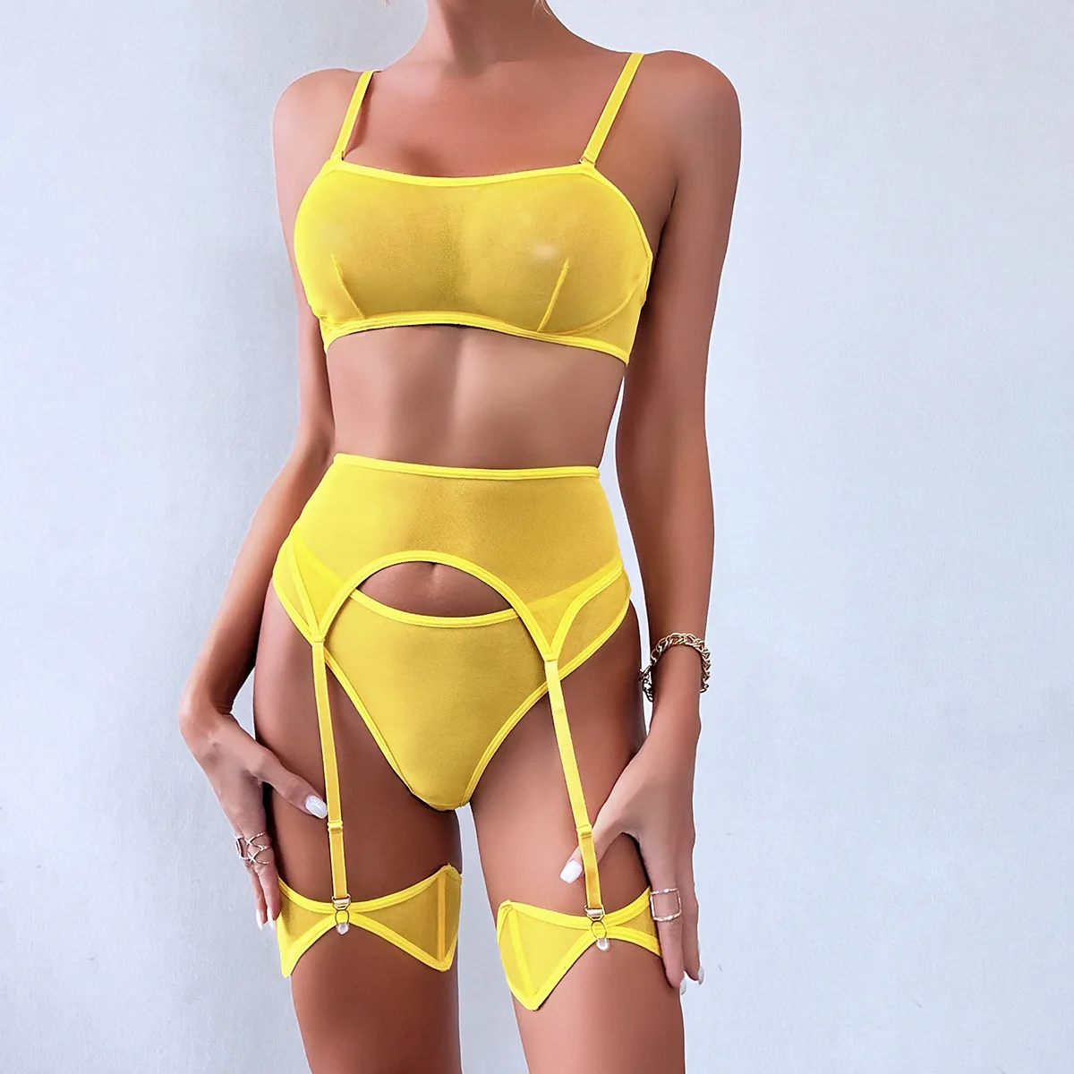 Lovermore Set Woman 3 Pieces Sexy Erotic Lingerie Underwear Bra Garters Brief Sets Transparent Lace Seamless Mesh Setup Ladies