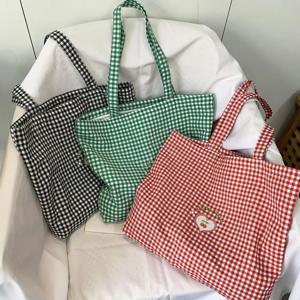 The New Canvas Plaid Handbag Zipper Contrast Color Plaid Shoulder Bag Love Cherry Pattern Crossbody Bag Gift