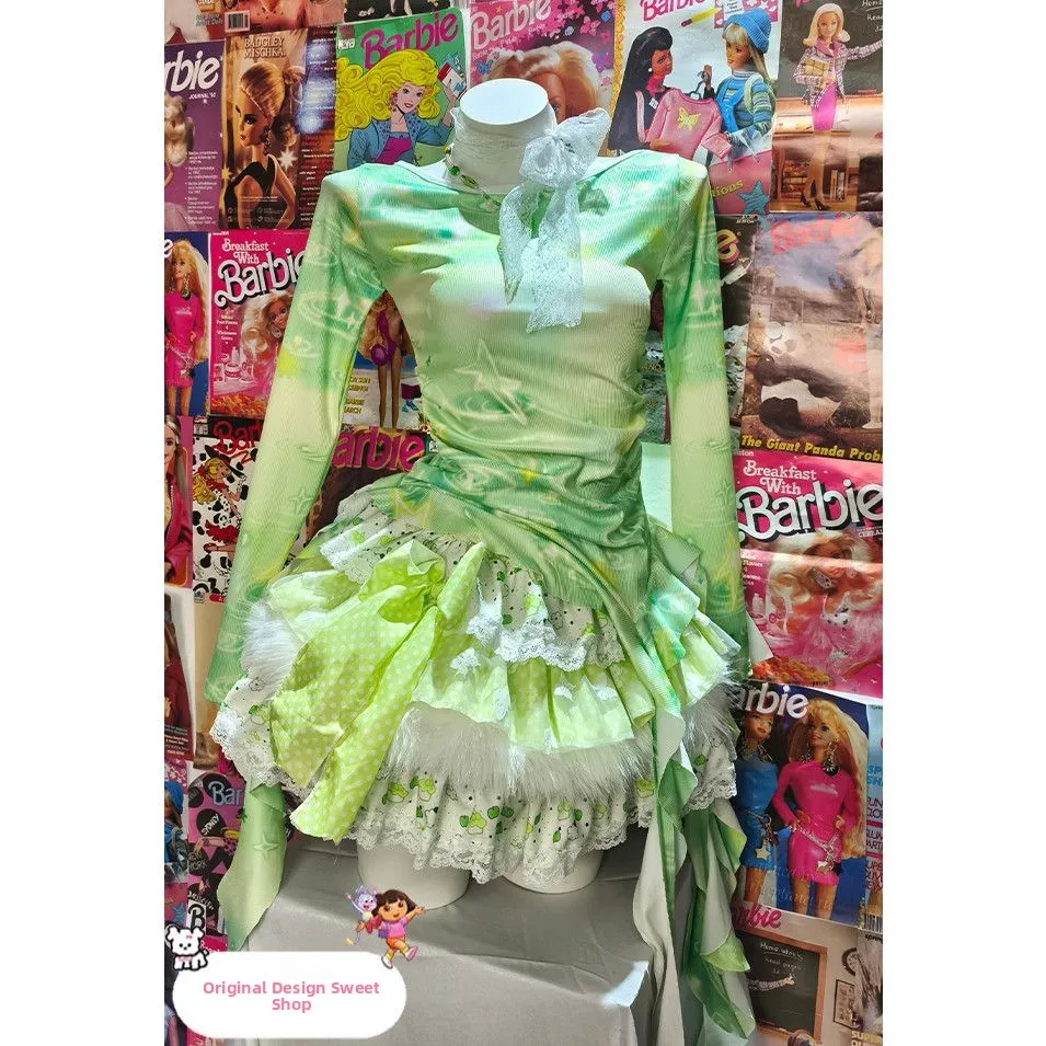 手作り Y2K オリジナル スイート オプ ドーパン プリント スリミング サ ロング スヴェ パフィー ケーキ ふわふわ スカート レディース 秋 ファッション