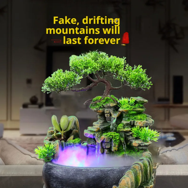 Bonsai rockery decorative Simulation Tree Flowing Water Waterfall Fountain desktop ornaments With Color Changing LED Lights