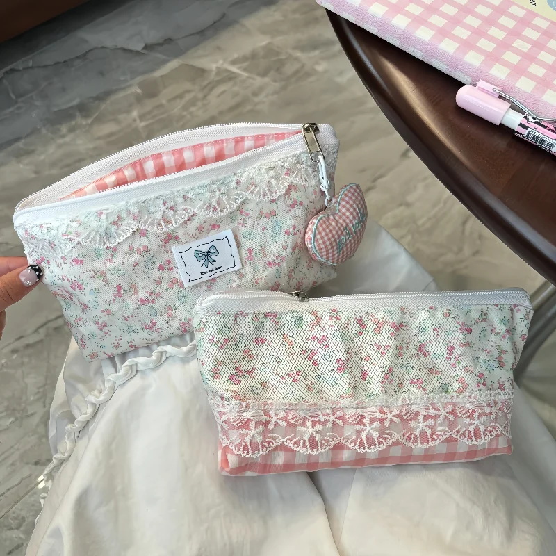 Kawaii Floral Lace Pencil Case For Girls Sweet Cottagecore Aesthetic Pen Bag Large Capacity Student Stationery Storage Bag