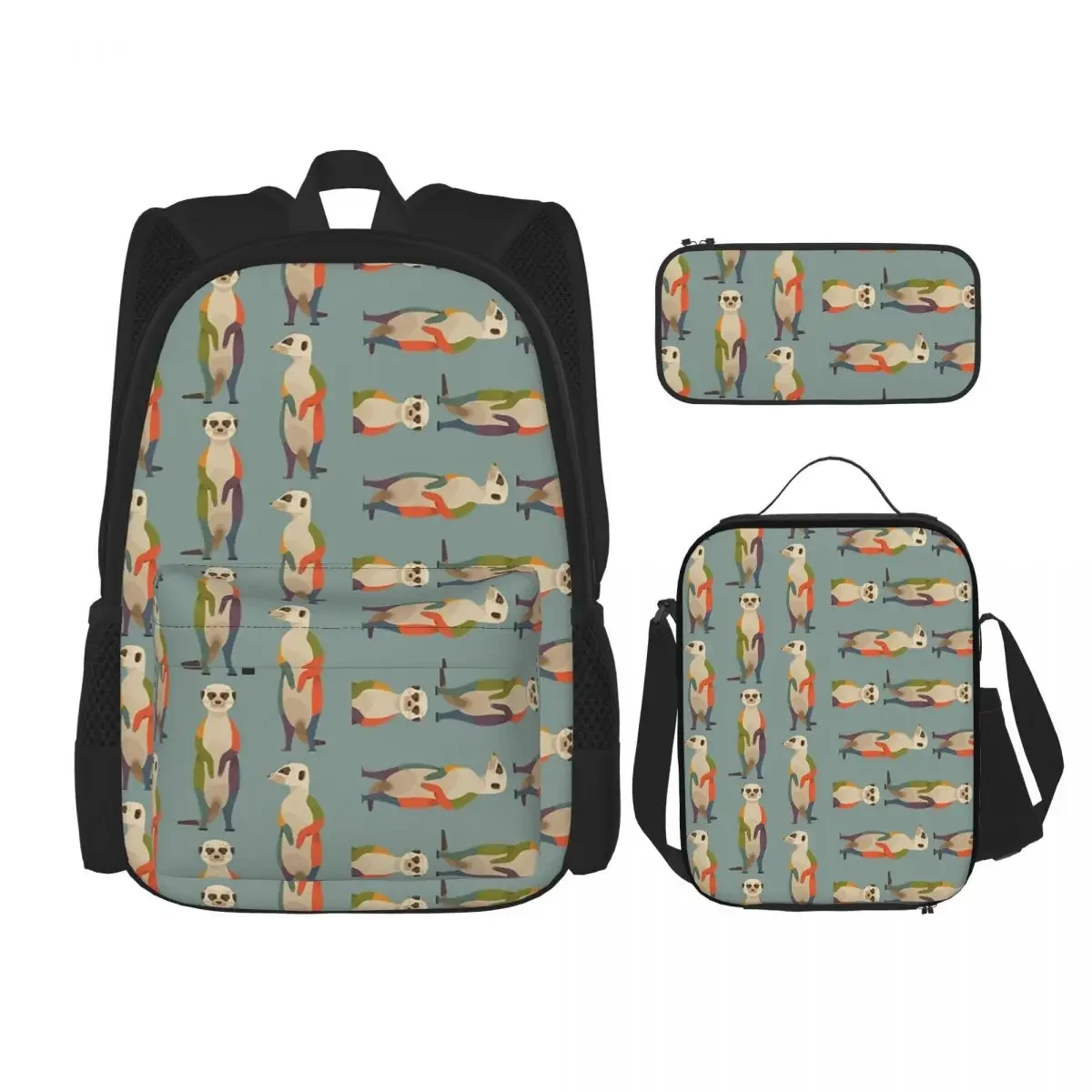 Hello Meerkats Backpacks Boys Girls Bookbag Students School Bags Cartoon Kids Rucksack Lunch Bag Pen Bag Three-Piece Set