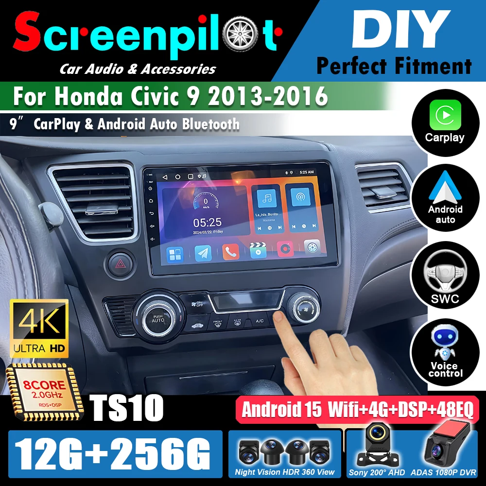 Radio Android 16 para Honda Civic 9 2013 2014 2015 2016, Audio para Auto, Android Auto, Carplay, GPS, Navegación, Reproductor Multimedia para Auto