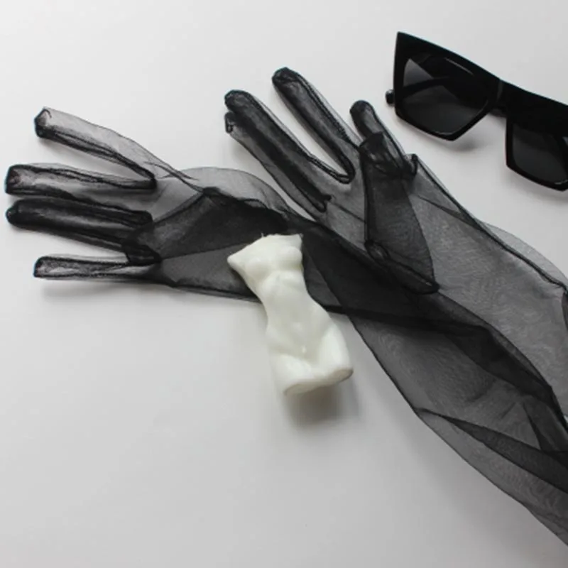 Guantes de conducción para mujer, manoplas ultrafinas de 70cm, de tul de encaje, a la moda, sexys, para vestido de novia y boda, de malla negra