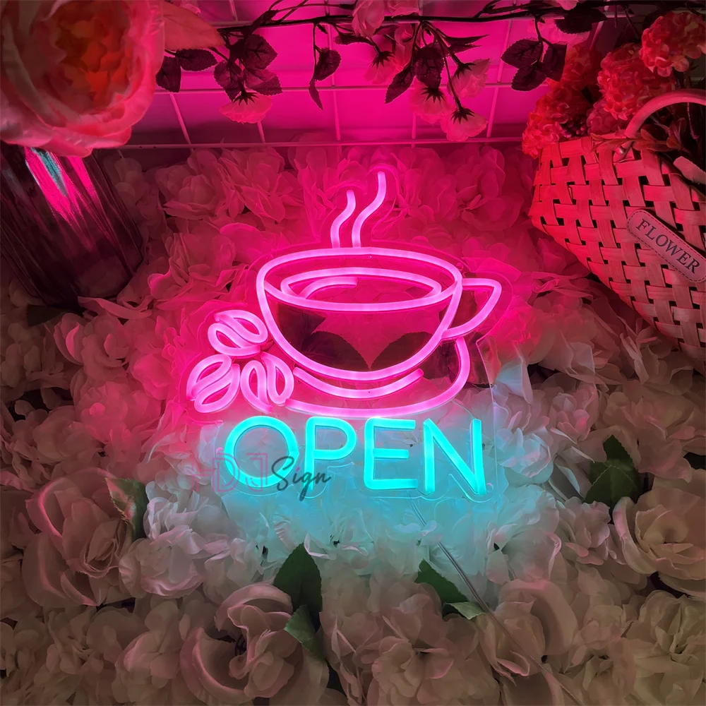 Coffee Open Neon Sign Coffee Shop Hanging LED Wall Decor Business Lights for Bar Cafe Store Open Decoration Neon Light Signs