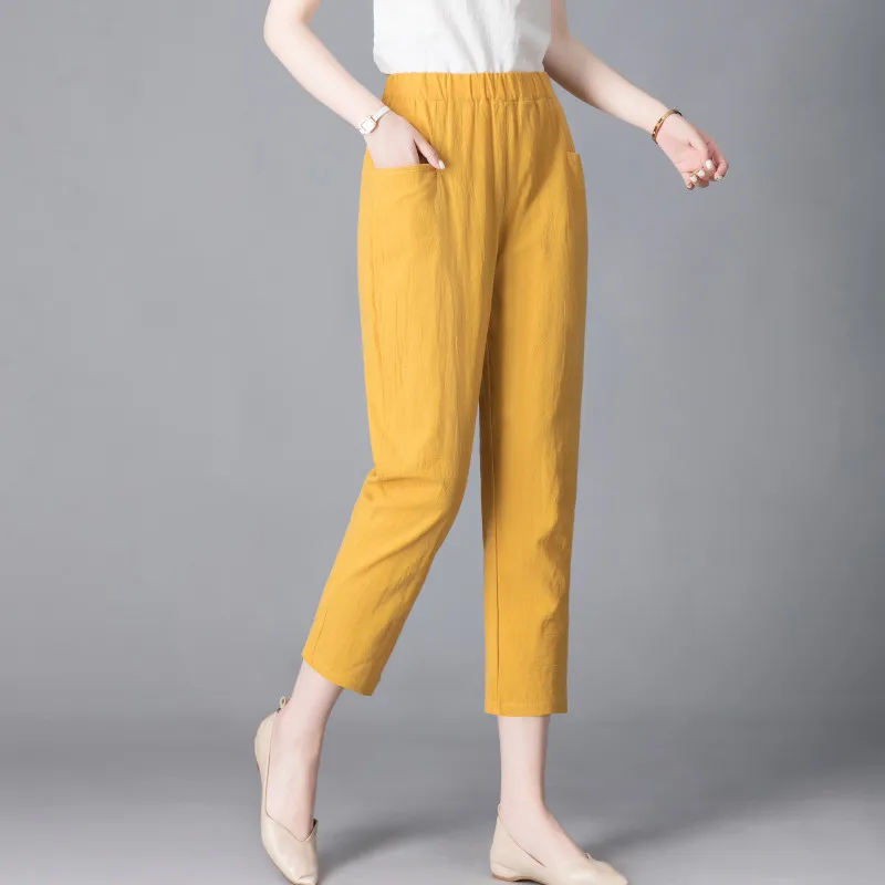 면 린넨 하렘 팬츠 여성 여름 얇은 캐주얼 대형 사이즈 화이트 루즈 슬리밍 나인피스 당근 팬츠 하이웨이스트