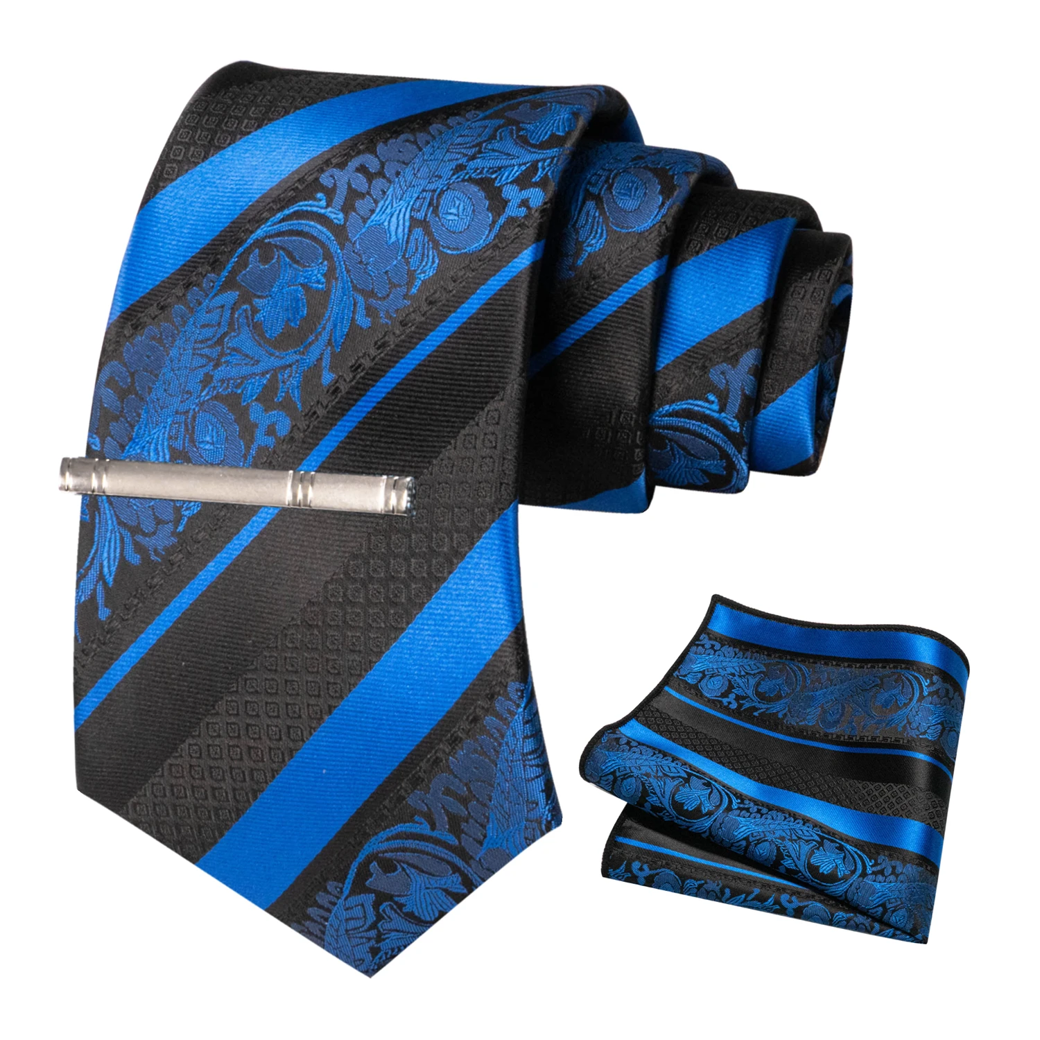 Klassische Herren-Krawatte mit Blumenmuster, 8 cm, Seidenkrawatten-Set, Einstecktuch, Krawattenklammer, Business-Anzubehör, Bräutigam-Hochzeitskrawatte – Detail 8