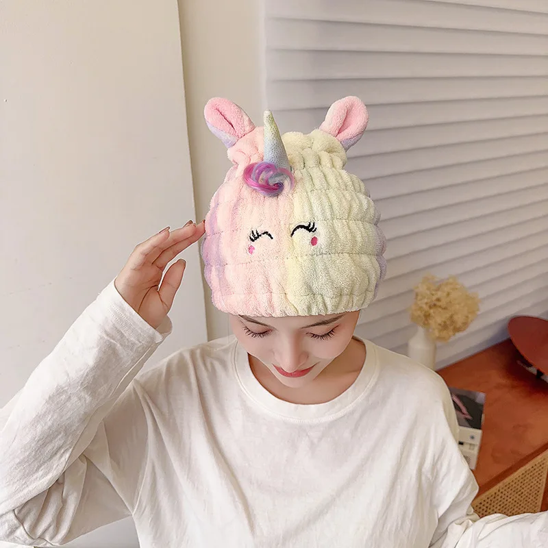 Women Cute Unicorn Coral Plush Cute Soft Thickened Dry Hair Hat Quick-Drying Baby Bath Hat Cartoon Children's Dry Hair Towels