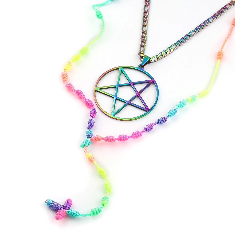 Gothic Wicca Iridescent Colorful Satan Inverted Pentagram Pendant Necklace Stainless Steel Double-Layer Cord Cross Chain Jewelry