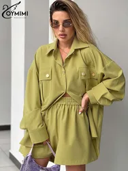 Oymimi Casual Yellow 2 Piece Sets Women Outfit Fashion Long Sleeve Pockets Button Shirts And High Waisted Simple Shorts Sets