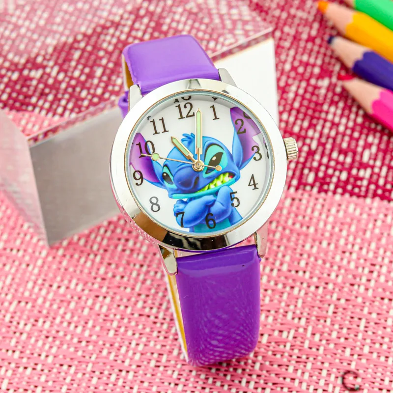 Disney Stitch Fashion Children\'s Cartoon Watch Kawaii  Anime Figure Leather Quartz Wristband watch boys girls kids Gifts