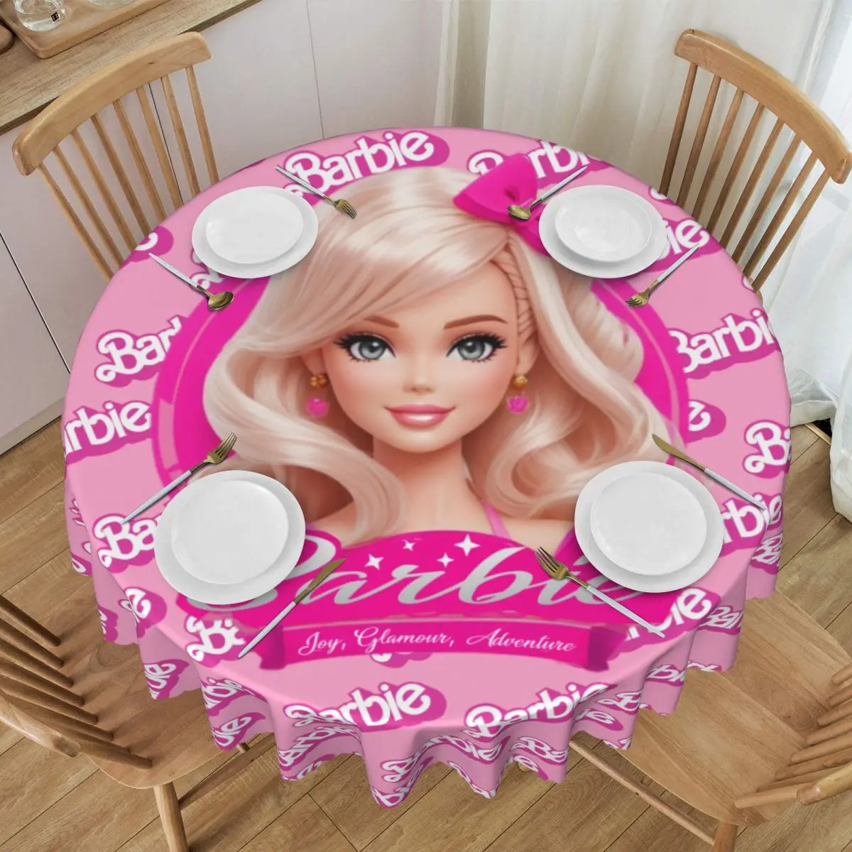 Custom Round Waterproof Cartoon Barbie Girl Table Cover Tablecloth for Picnic 60 inch Table Cloth