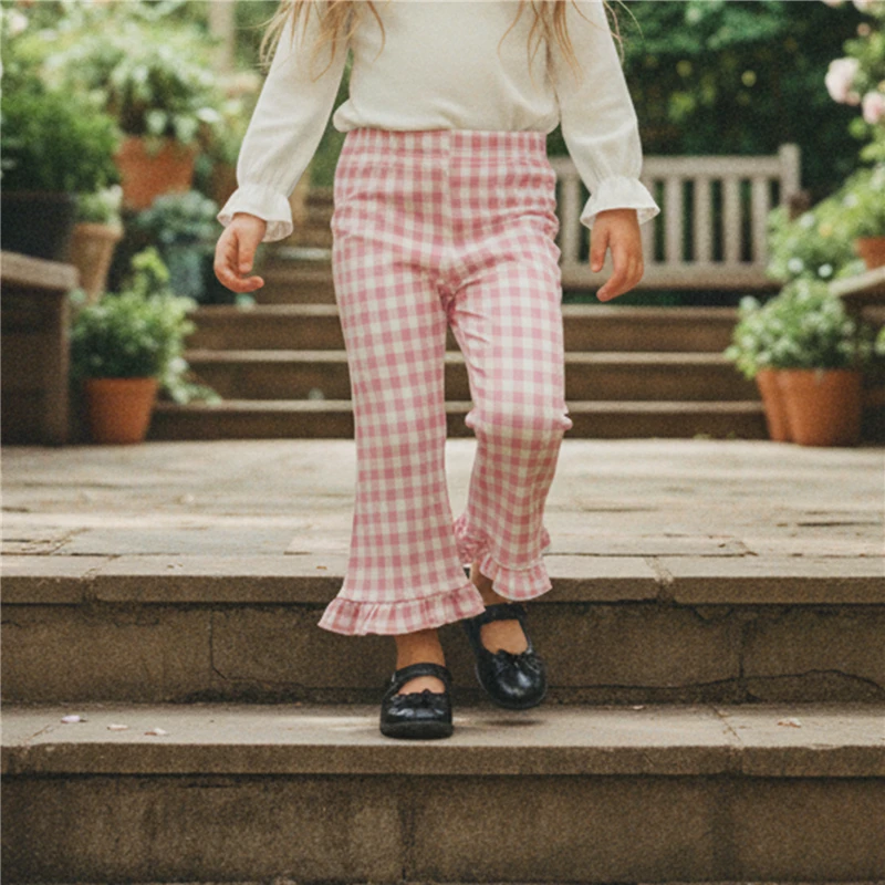 2026 Fashion Toddler Baby Girls Flare Pants Plaid Print Elastic Waist Ruffle Trim Decor Spring Trousers Kids Casual Pants