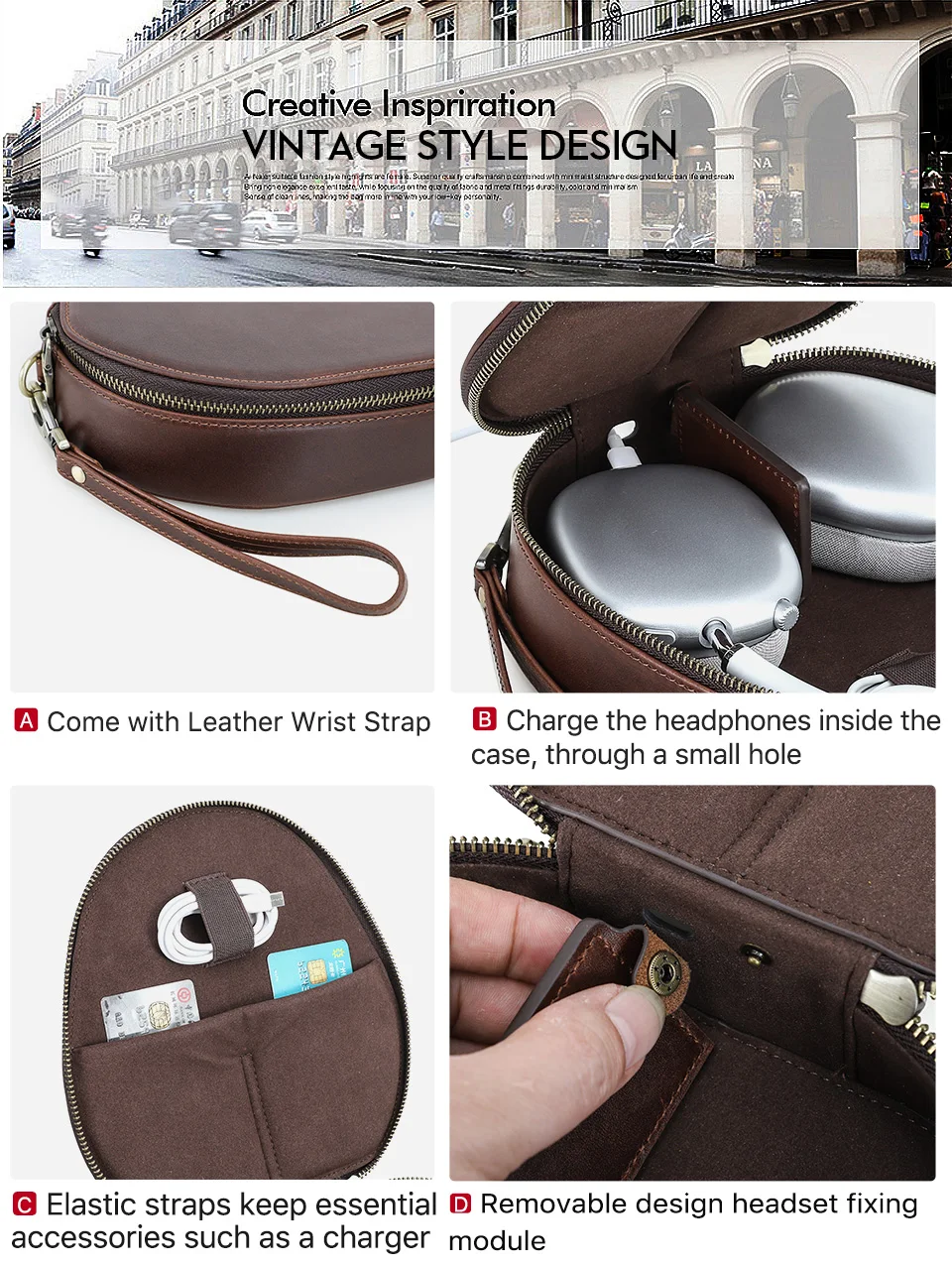 Echtledertasche für Apple AirPods Max SONY WH1000 XM4 XM5 XM6 Kopfhörer, Reise-Tragetasche, Schutzhülle, Aufbewahrungsbox – Detail 13