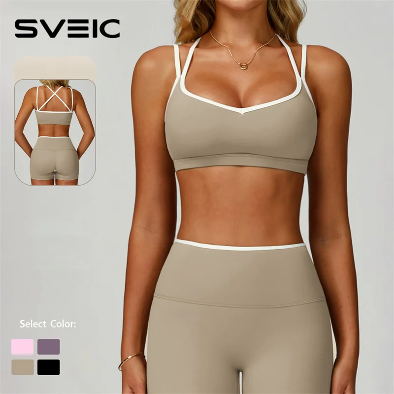 

SVEIC Yoga Shorts Sets Sports Bras Contrasting Colors Sportswear Fitness Top Two Pieces Suits Workout Running Gym Woman Clothing