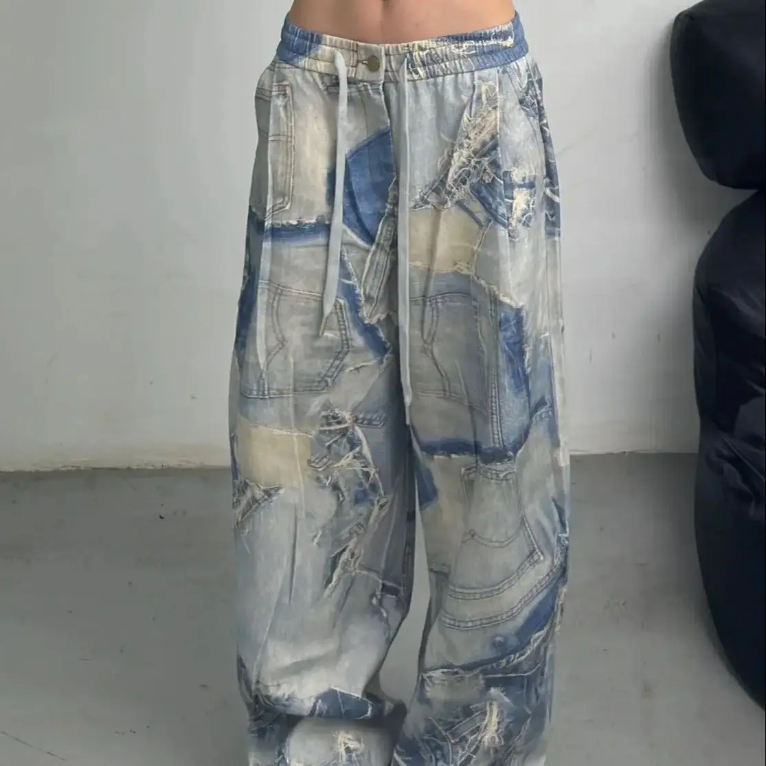 Jeans de perna larga cintura alta para mulheres, renda para cima, cintura esfarrapada, estilo hip-hop, calças jeans femininas, streetwear Y2K, tamanho grande