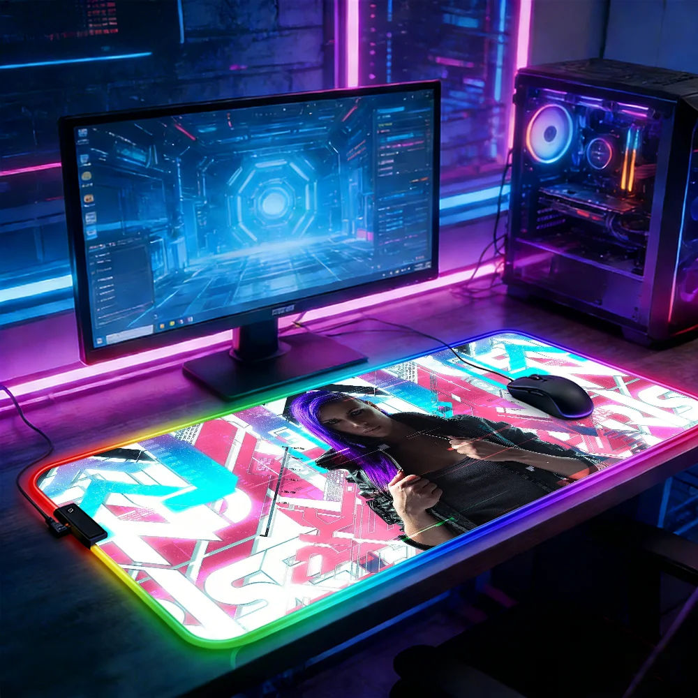 

LED Lighting RGB Mouse Pad E-sports Game Keyboard Pad Cyber ​​Girl Anime Laptop Accessories Mousepad Gamer Deskmat Mats Mause Pc