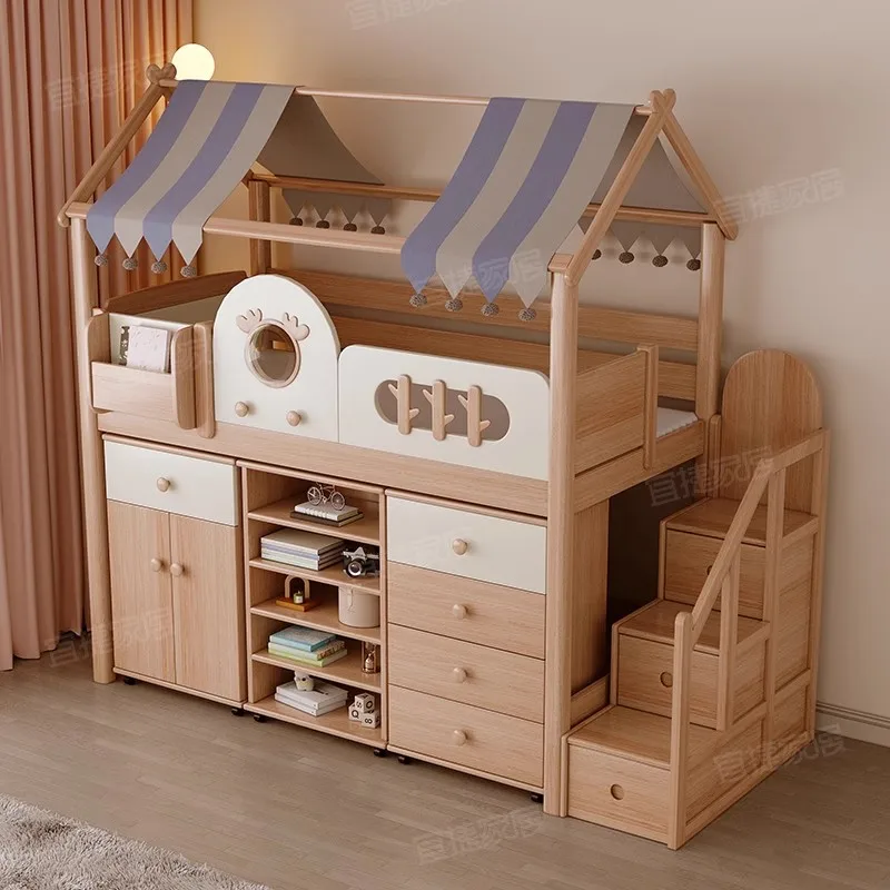 

Walnut children's bed half-height bed wardrobe integrated boys and girls multi-functional medium-height bed small apartment tree