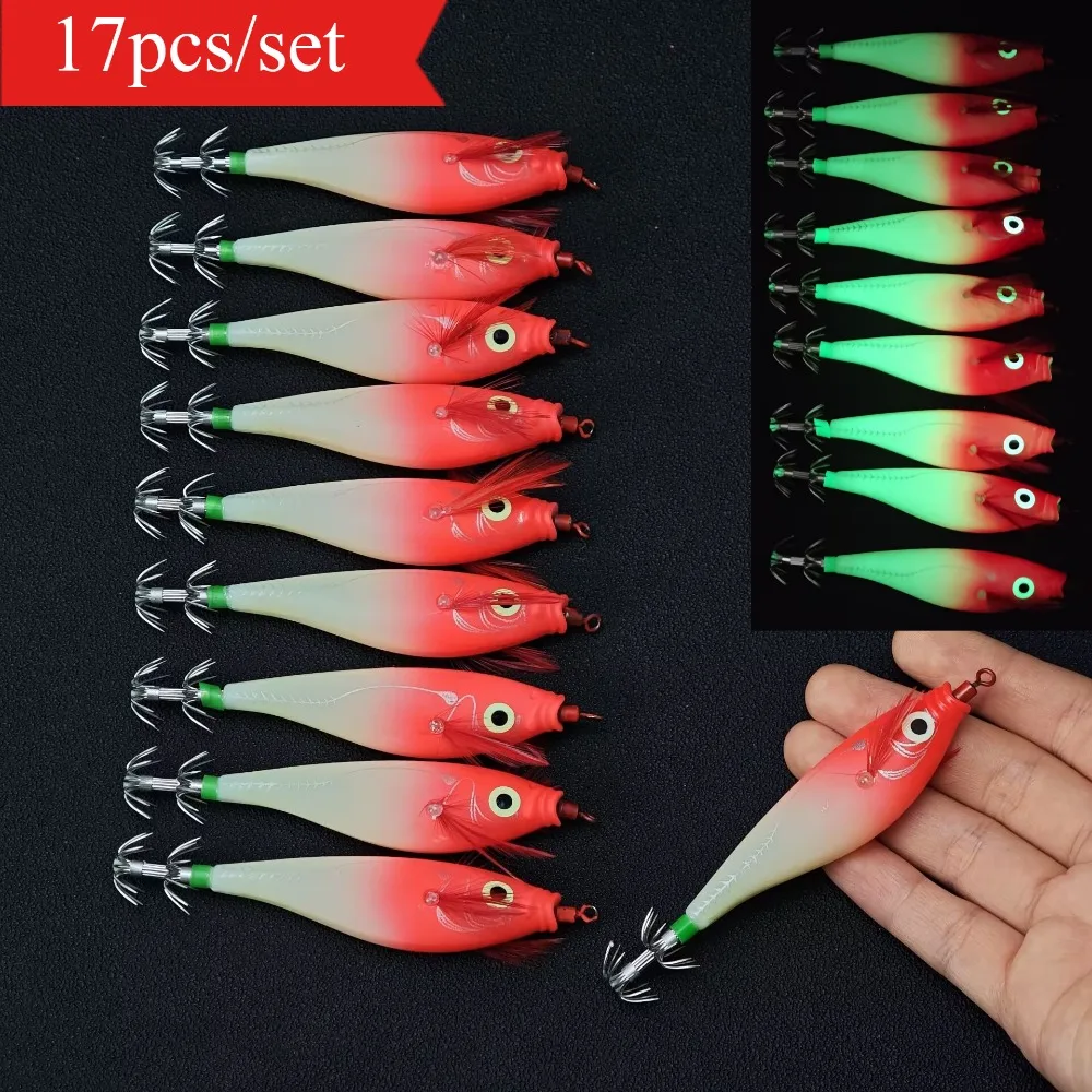 17pcs 10cm Glow Squid Jig Hook Saltwater Cuttlefish Fishing Luminous Accessories Shrimp Baits Shrimp Fishing Lures