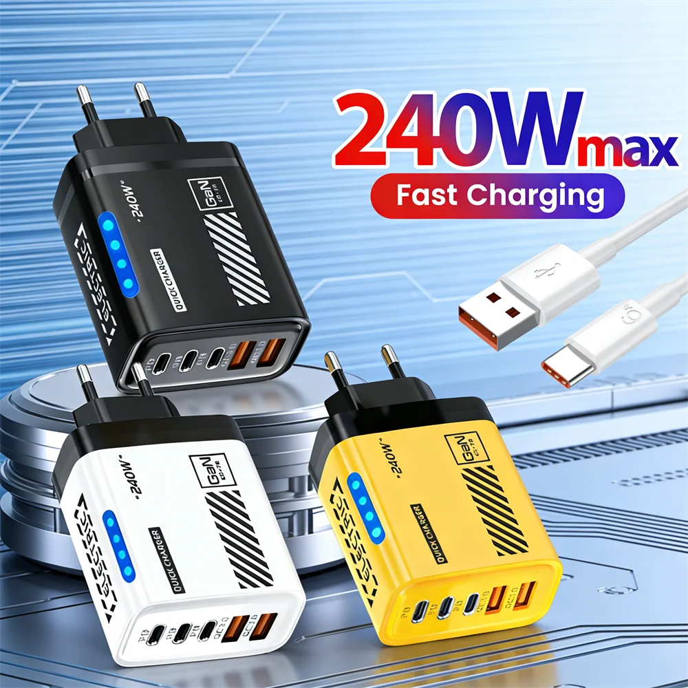 3Type C 2USB 240W USB C Fast Charger US/EU/UK Plug GaN Charger Wall Adapter PD Quick Charge 3.0 For iPhone 17 Pro Samsung Xiaomi