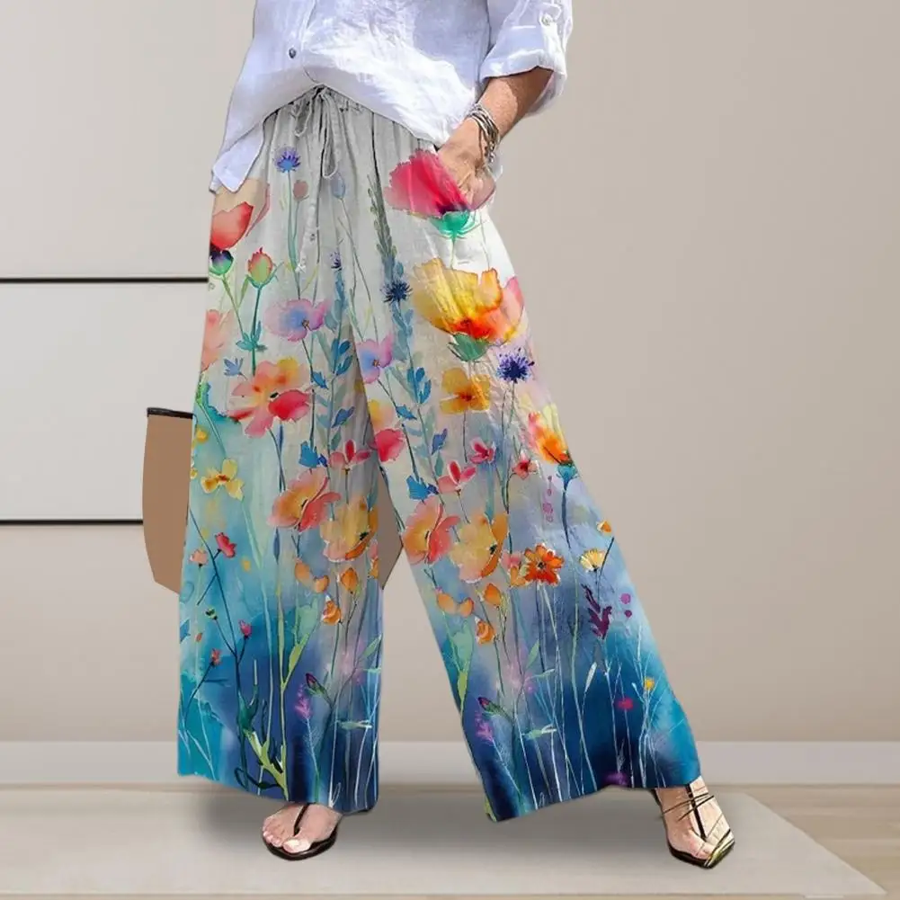 

Women Wide-leg Pants Stylish Women's Wide-leg Pants with Elastic Waist Pockets Floral Print Digital Design Options for Summer