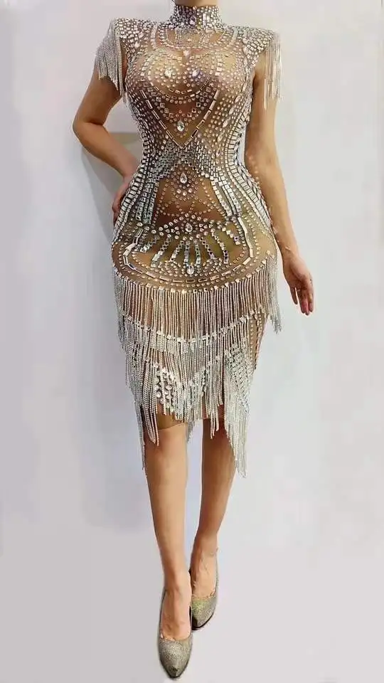 Sexy Singer Rhinestones Evening Dress Singer Stage Wear Evening Gown Party Birthday Dress Bling Silver Crystal Chains Mesh Dress