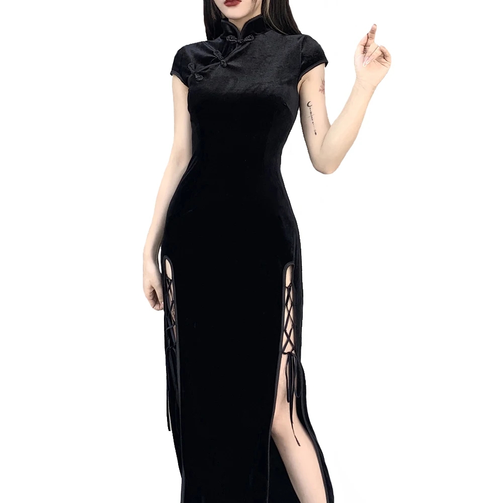 S-XL Women Gothic Velvet Cheongsam Maxi Dress Sexy High Slit Bandage Chinese Mandarin Collar High Waist Lace Up Long Qipao Dress