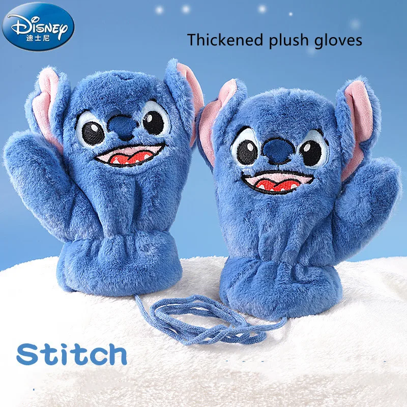 Disney Stitch Children Padded Gloves Winter Warm Hanging Neck Gloves 2-10 Years Old Children Cartoon Warm Gloves Birthday Gift