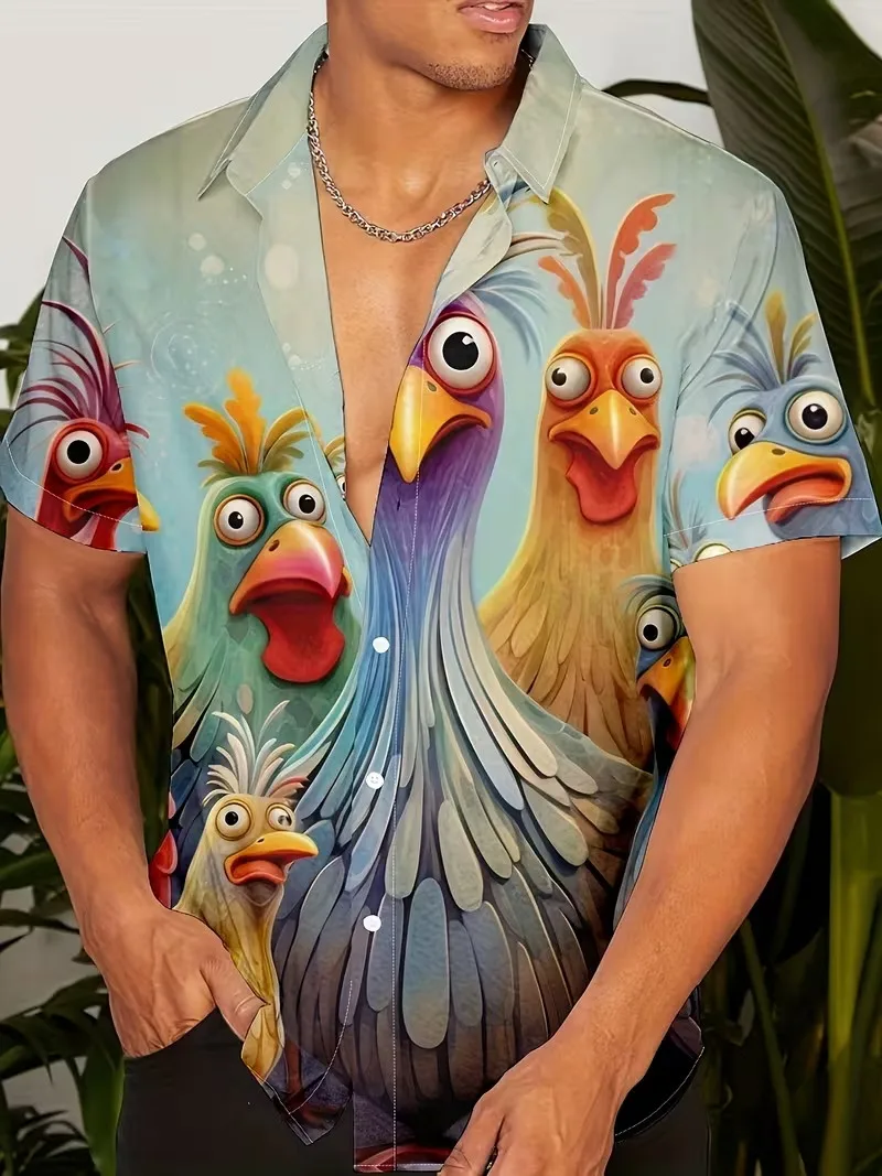 

Men's Funny Rooster Chicken Print Hawaiian Shirts Cute Cartoon Bird Short Sleeve Button Down Beach Shirt Summer Aloha Shirt