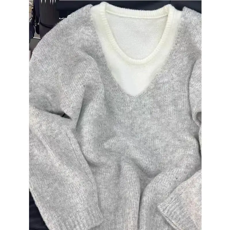 Pull confortable à épaules dénudées pour femme, deux pièces, ample, gris, tricoté, nouvelle collection automne hiver 2025