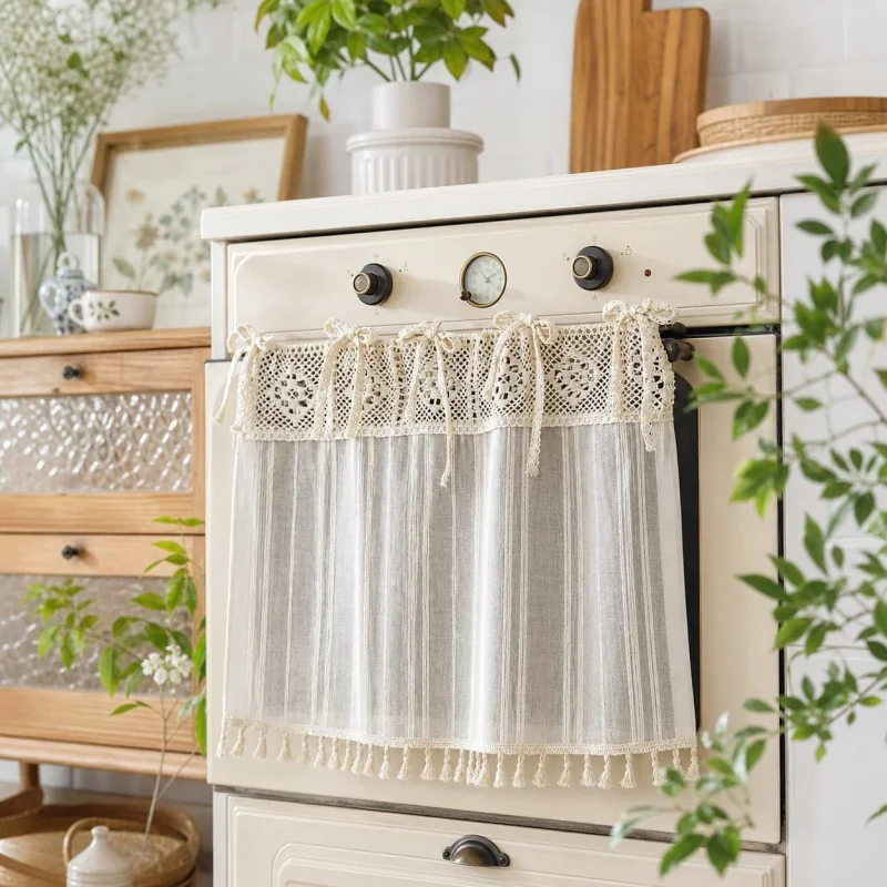Vintage Crochet Lace Kitchen Curtain Semi-Sheer Striped Cotton Linen Short Curtain with Tassels for Farmhouse Style Cabinet Door