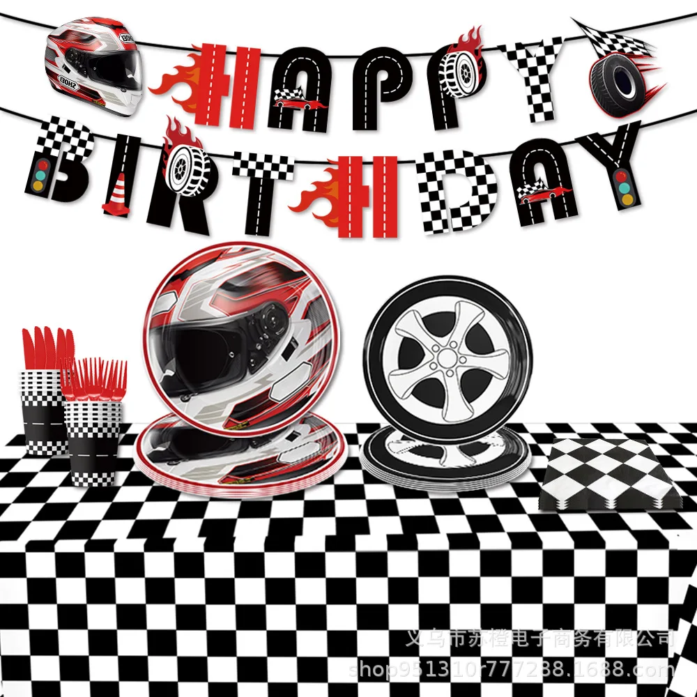 Racing Themed Party Supplies Boy Racing Birthday Decorations Disposable Wheel Paper Plate Banner Balloon Cup Napkin Tablecloth