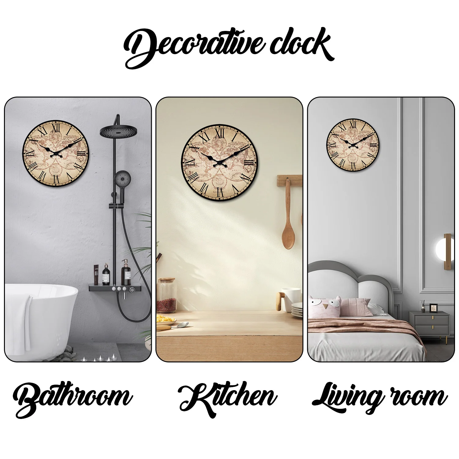 Retro Nautical Coast Beach Ship Compass Pattern Wooden Wall Clock Living Room Bedroom Kitchen Home Decor Silent Quartz Clock Holiday Gift 10 Inch 12 Inch 14inch 16inch (No Battery)