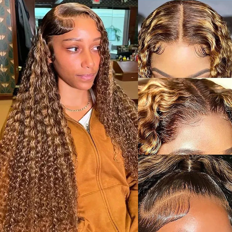

34 Inch Brown Deep Wave 13x6 Lace Frontal 180 Density 4/27 Highlight Ombre Colored Water Curly 13x4 Lace Front Human Hair Wig