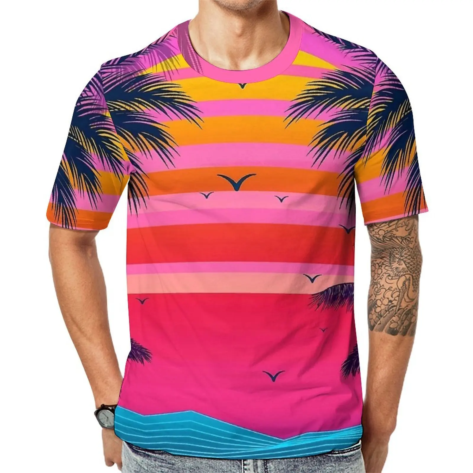 Pink Sunset Palm Trees T Shirt  Trending T-Shirts Couple Kawaii Tee Shirt Summer Short Sleeve Graphic Top Tees 4XL 5XL 6XL