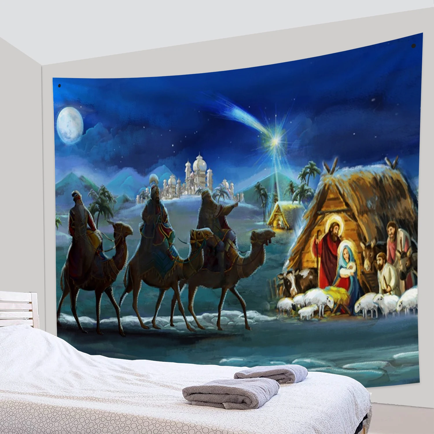 Nativity Scene Three Kings Day Tapestry Easter Christmas Wall Hanging Manger Barn Camel Christ Decoration Bedroom Living Room