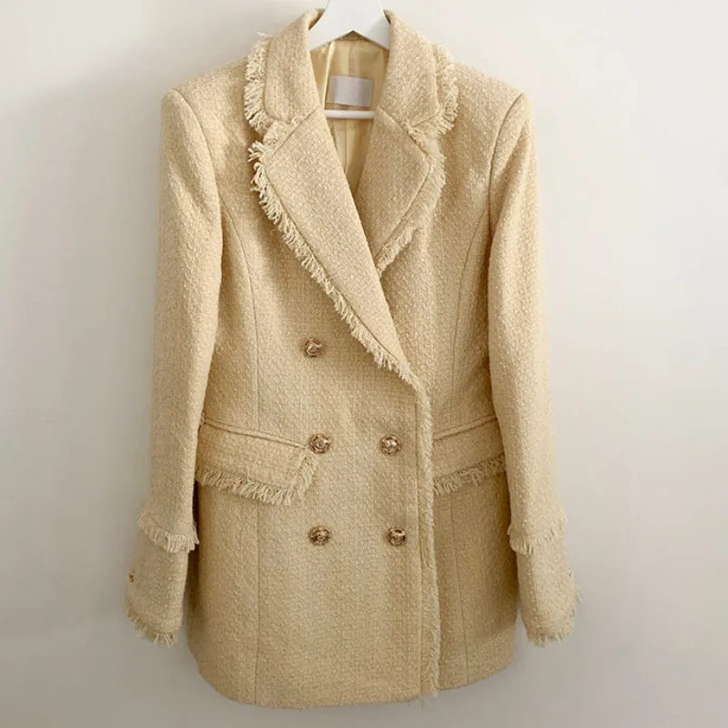 

Faionable Simple Sle 2025 Small Fraance Wind Suit Coat Double Row Button Medium Length Coarse Tweed Jaet Ladies Outer...