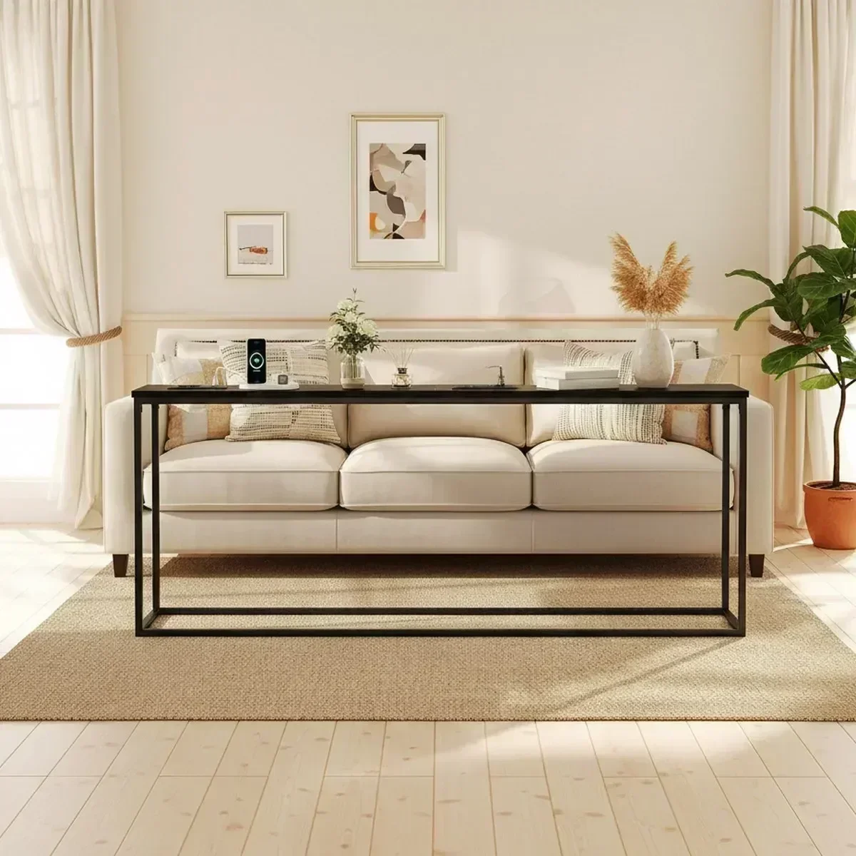 Long narrow couch table 78.8 inch with 2 AC USB-C charging stations for entryway living room black
