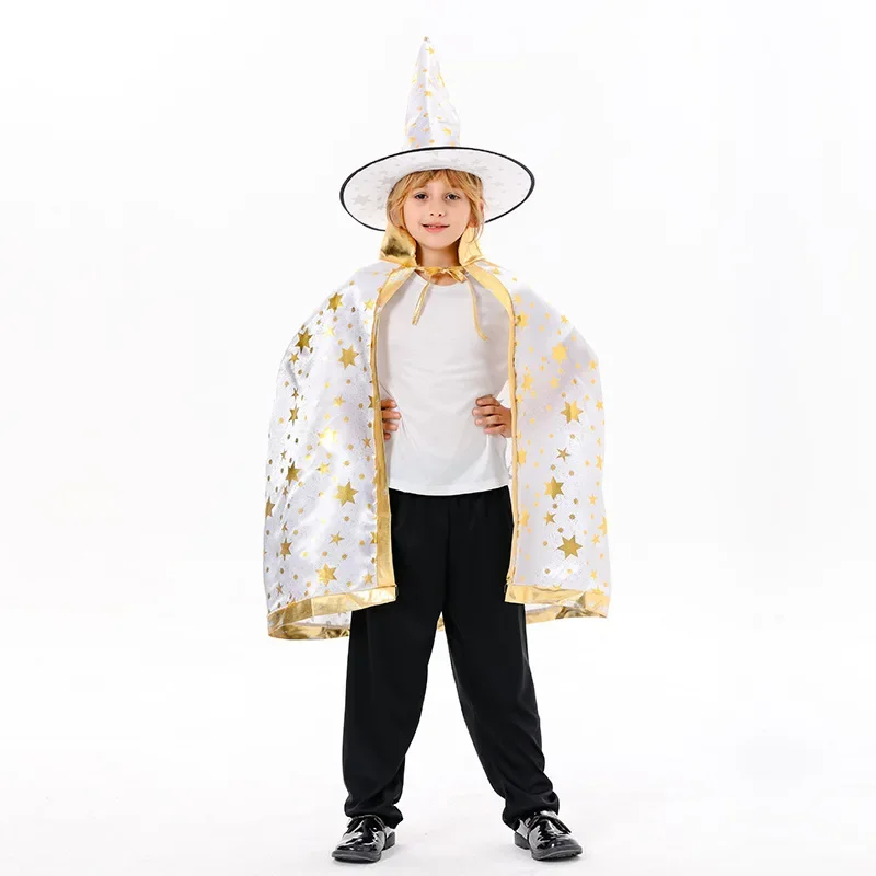 Children Witch Magician Cloak Five-star Bronzing Cloak Kids Witch Cape with Hat for Party Halloween Costumes Carnival Purim