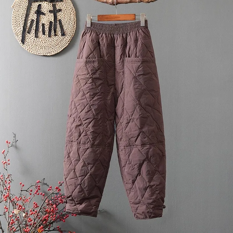 Autumn Winter Warm Trousers Women Casual Loose Elastic Waist Pants Outerwear Warm Thermal Quilted Cotton Trousers
