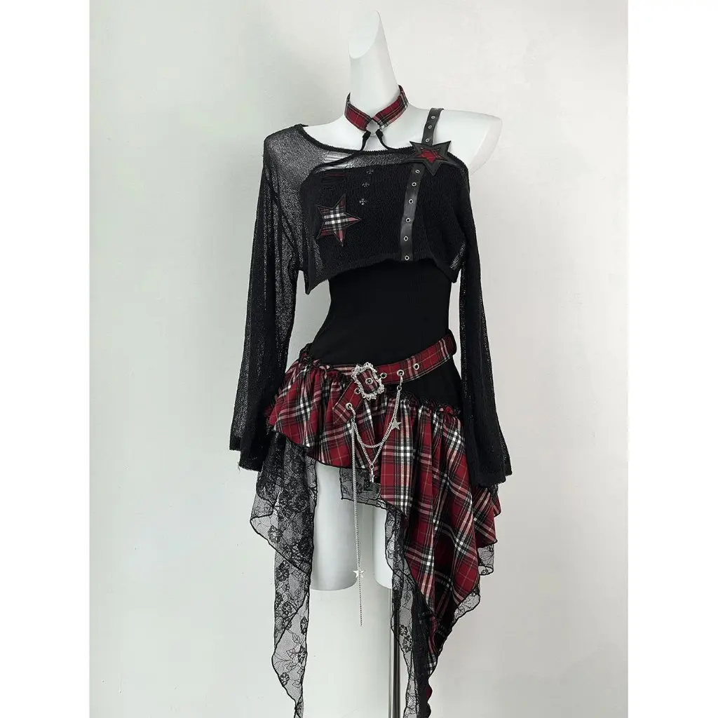 

Millennial Hot Girl Black Robe Asymmetrical Dress Set Sweet And Spicy Niche Design Waist-Cinching Slimming Two-Piece Set