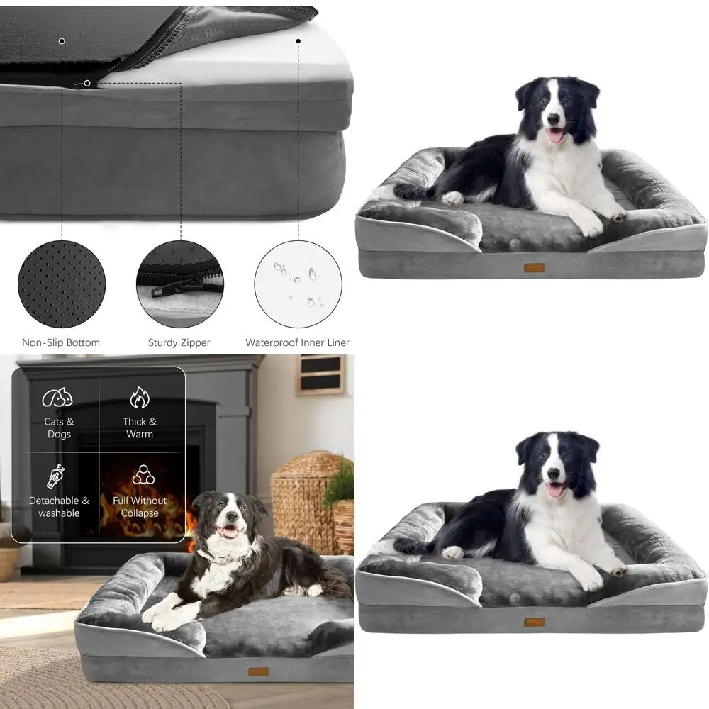 

Ортопедическая лежанка-диван для крупных собак с бортиками - Поддерживающий поролоновый матрас, моющийся чехол, водонепроницаемый и нескользящий, серый - L-Plus